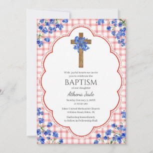 007 Red Blossom Rustic Cross Design Baptism Invitation