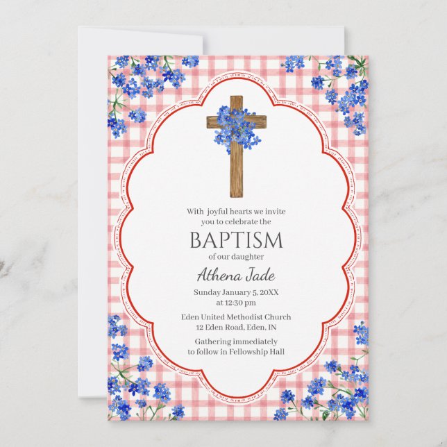 007 Red Blossom Rustic Cross Design Baptism Invitation (Front)