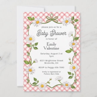 007 Red Floral Daisy Plaid Baby Shower Invitation