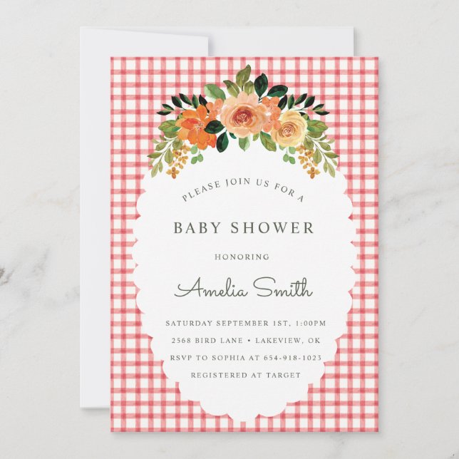 007 Red Floral Gingham Baby Shower Invitations (Front)