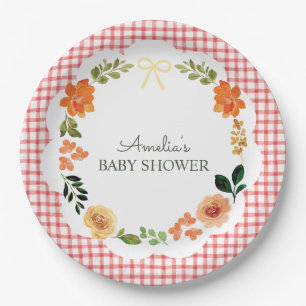 007 Red Floral Gingham Baby Shower Paper Plates