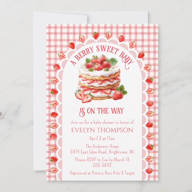 007 Red Gingham Strawberry Shortcake Baby Shower Invitation (Front)