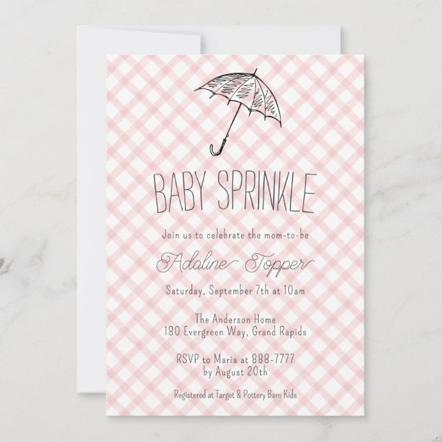 007 Red Modern Umbrella Gingham Baby Sprinkle Invitation (Front)
