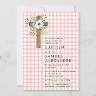 007 Red Rustic Greenery Wooden Cross Baptism Invitation