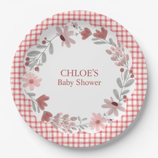 007 Red Wildflower Bow Frame Gingham Paper Plates (Front)