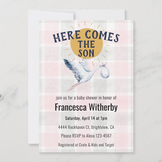 008 Blush 020 Fog Sun Plaid Stork Baby Shower Invitation (Front)