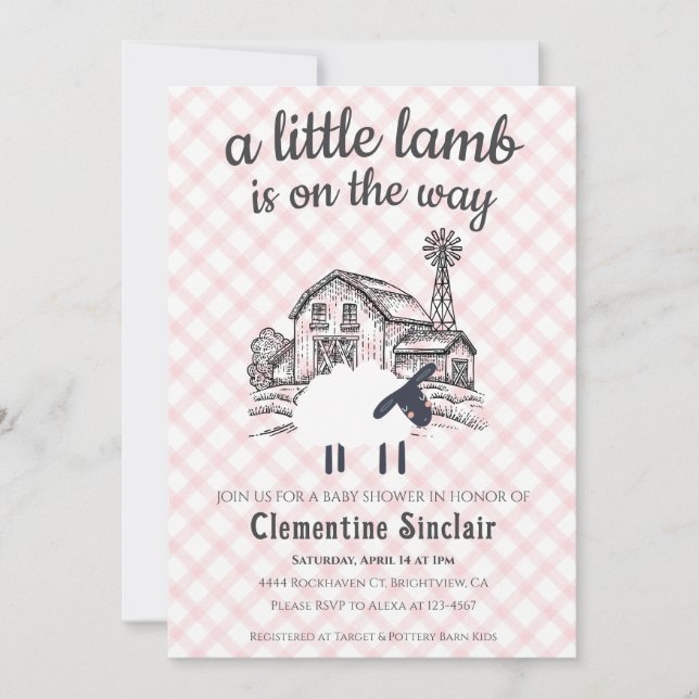 008 Blush A Little Lamb Farm Gingham Baby Shower Invitation (Front)