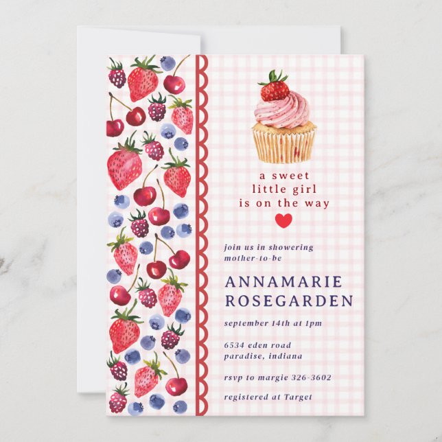 008 Blush Pink Berry Patch Cupcake Baby Shower Invitation (Front)
