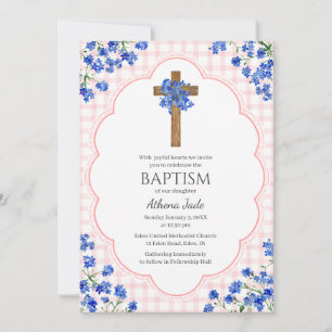 008 Blush Pink Blossom Rustic Cross Design Baptism Invitation