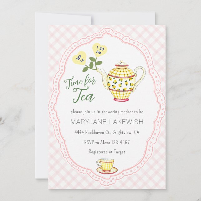 008 Blush Pink Cute Gingham Tea Party Baby Shower Invitation (Front)