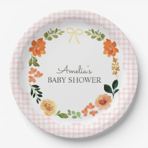 008 Blush Pink Floral Gingham Baby Shower Paper Plates