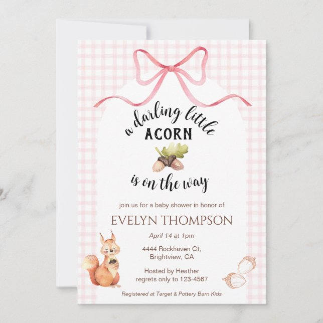008 Blush Pink Squirrel Acorn Gingham Baby Shower Invitation (Front)