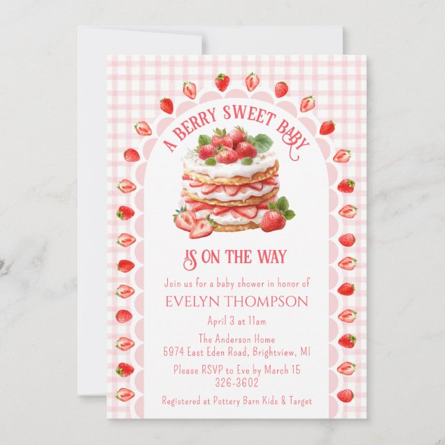 008 Blush Pink Strawberry Shortcake Baby Shower Invitation (Front)