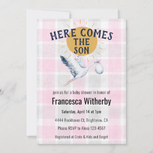 009 Fuchsia 020 Fog Sun Plaid Stork Baby Shower Invitation