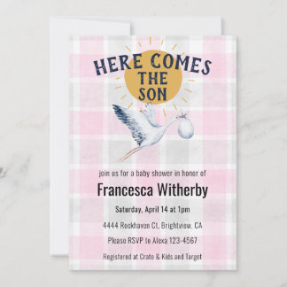 009 Fuchsia 020 Fog Sun Plaid Stork Baby Shower Invitation