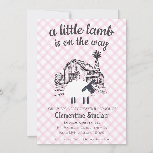 009 Fuchsia A Little Lamb Farm Gingham Baby Shower Invitation (Front)