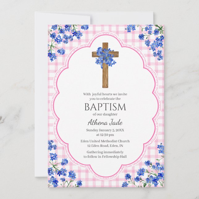 009 Fuchsia Blossom Rustic Cross Design Baptism Invitation (Front)
