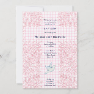 009 Fuchsia Dove Botanical Cross Gingham Baptism Invitation