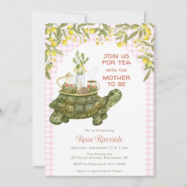 009 Fuchsia Pink Garden Tea Turtle Baby Shower Invitation (Front)