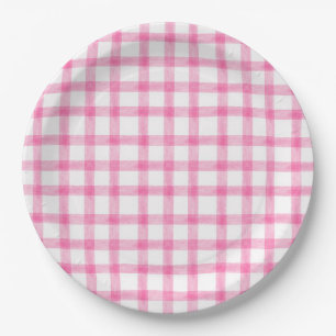 009 Fuchsia Pink Watercolor Gingham L Paper Plates