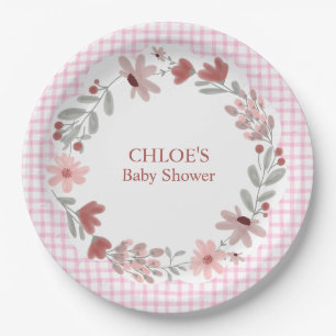 009 Fuchsia Pink Wildflower Bow Frame Gingham Paper Plates