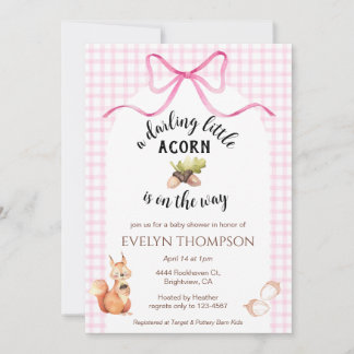 009 Fuchsia Squirrel Acorn Gingham Baby Shower Invitation
