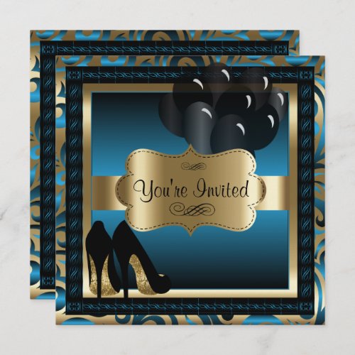 00th Birthday  Blue  Gold High Heels Invitation