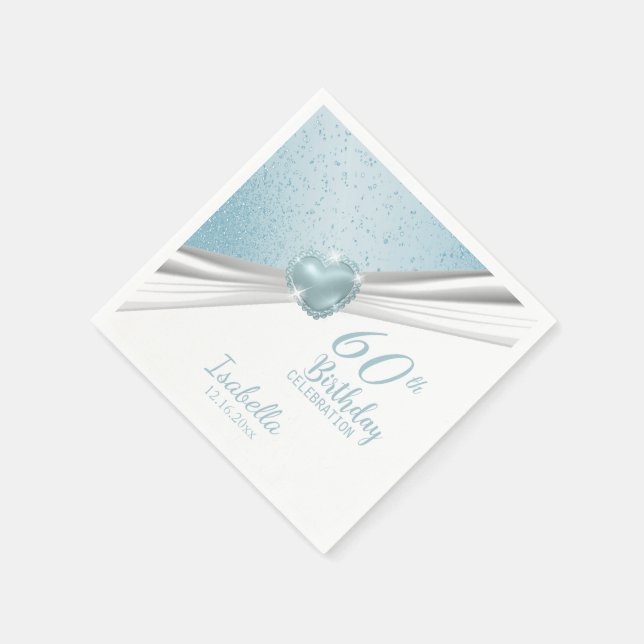 00th Birthday - Blue Heart & White Glitter Napkins (Corner)