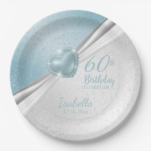 00th Birthday - Blue Heart & White Glitter Paper Plates