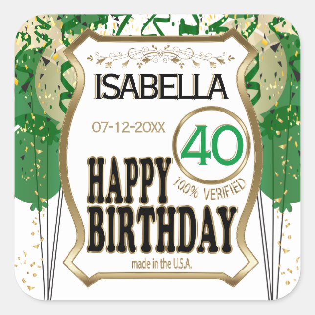 00th Birthday Name and Age - Green Square Sticker (Front)