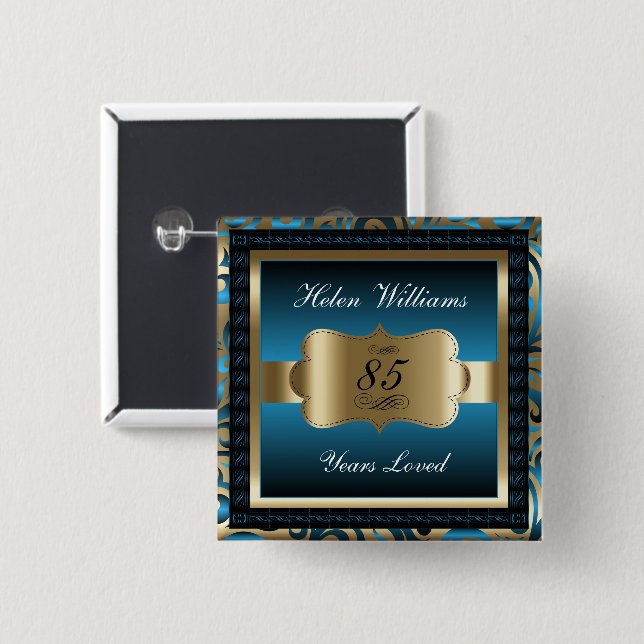 00th Birthday Party | Blue and Gold Pinback Button (Front & Back)