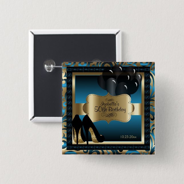 00th Birthday Party | Blue and Gold Pinback Button (Front & Back)