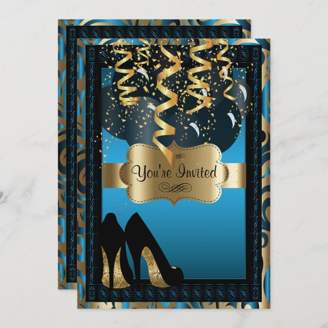 00th Birthday Party | Blue High Heels Leopard Invitation (Front/Back)