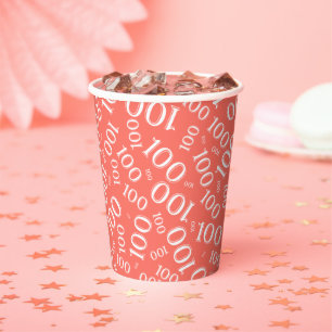 00th Birthday Party Coral/White Number Pattern Paper Cups