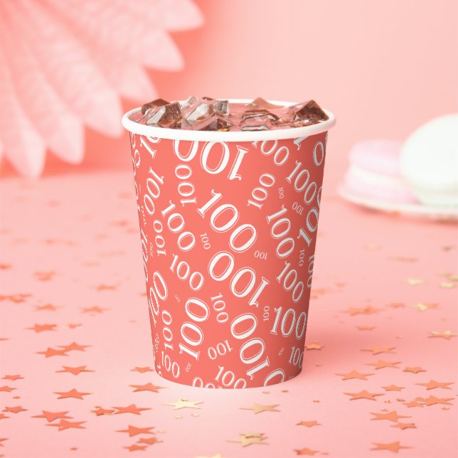 00th Birthday Party Coral/White Number Pattern Paper Cups (Insitu)