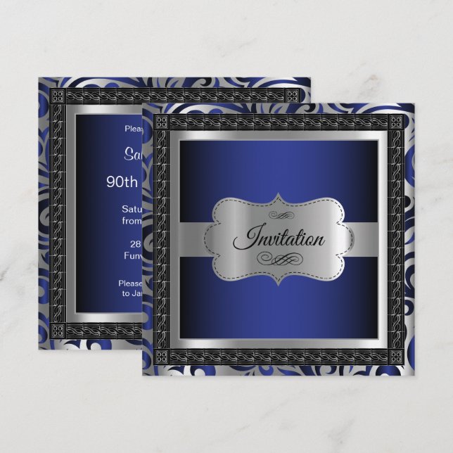 00th Birthday Party | Dark Blue Metallic & Silver Invitation (Front/Back)