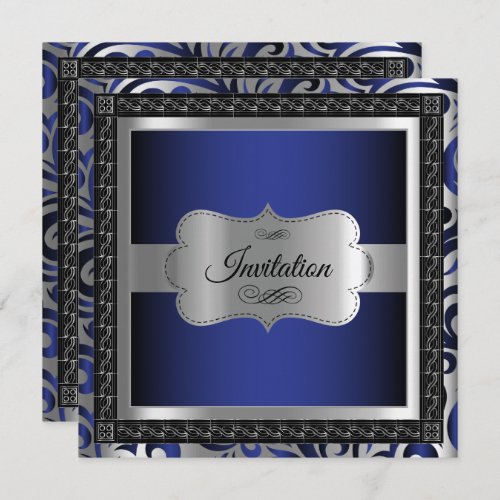 00th Birthday Party  Dark Blue Metallic  Silver Invitation