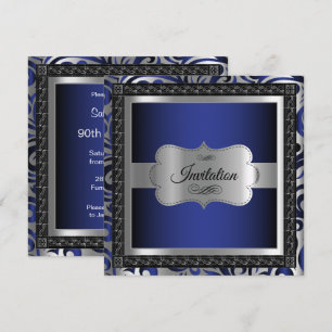 00th Birthday Party   Dark Blue Metallic & Silver Invitation