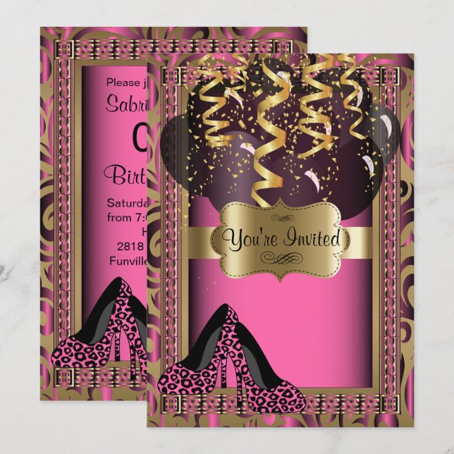 00th Birthday Party | Pink High Heels Leopard Invitation (Front/Back)