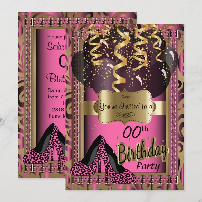 00th Birthday Party | Pink High Heels Leopard Invitation (Front/Back)