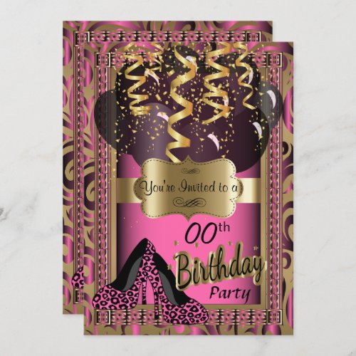 00th Birthday Party  Pink High Heels Leopard Invitation