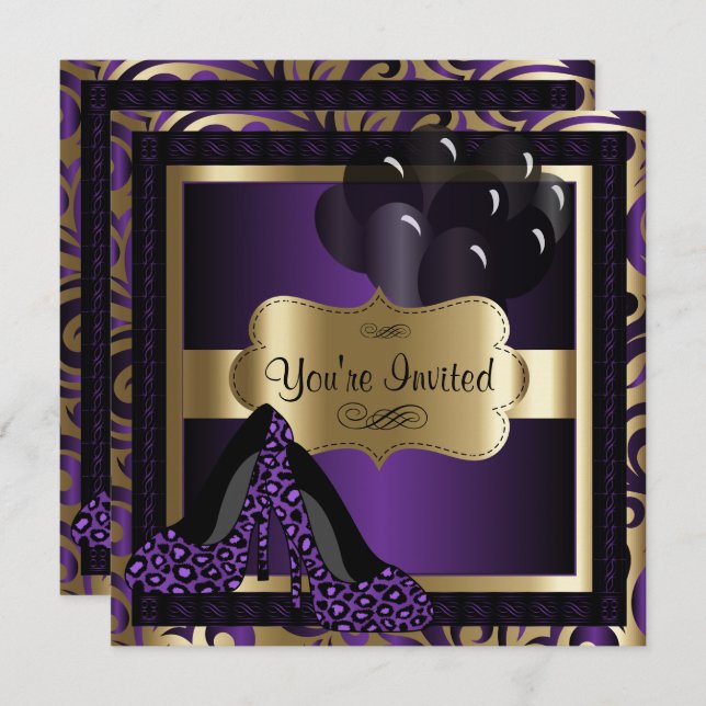 00th Birthday Party | Purple Leopard High Heels Invitation (Front/Back)