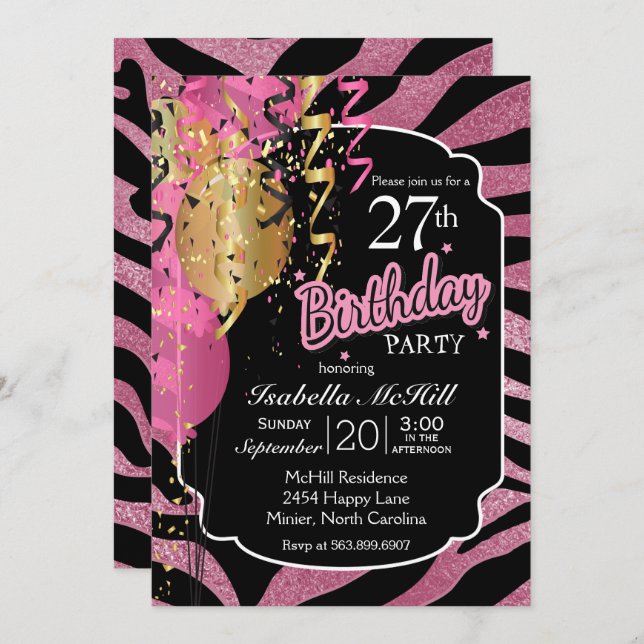 00th BIrthday - Pink & Black Zebra Stripes Invitation (Front/Back)
