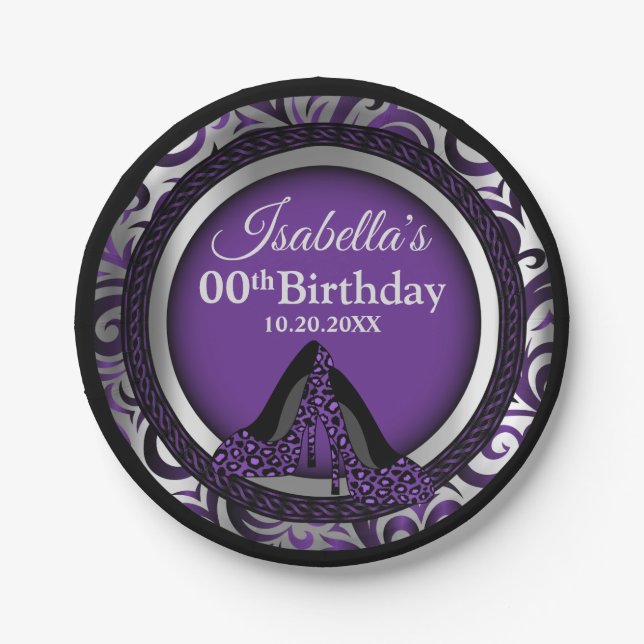 00th Birthday | Purple Leopard High Heels Paper Plates (Front)