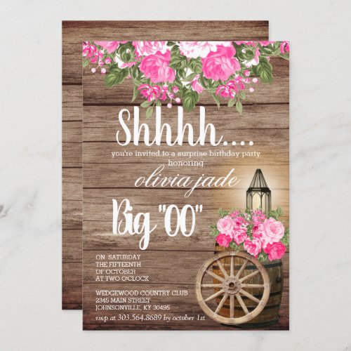 00th Birthday _ Wood Barrel and Pink Flowers Invitation