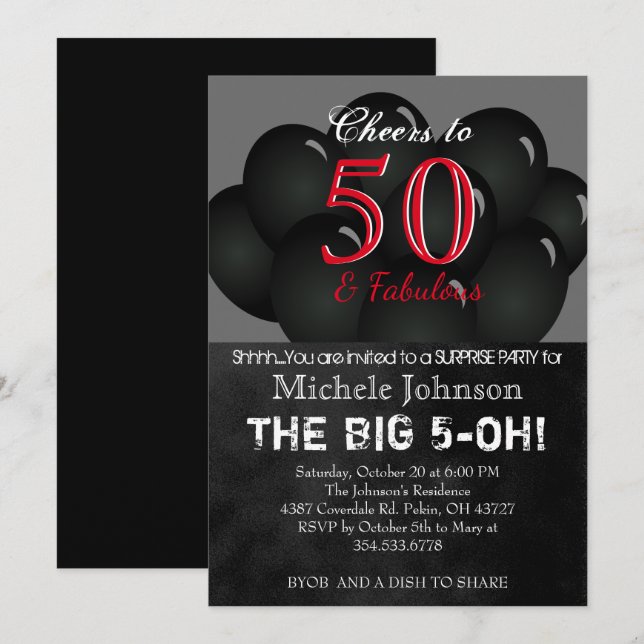 00th Black Balloon Birthday Party Invitation (Front/Back)