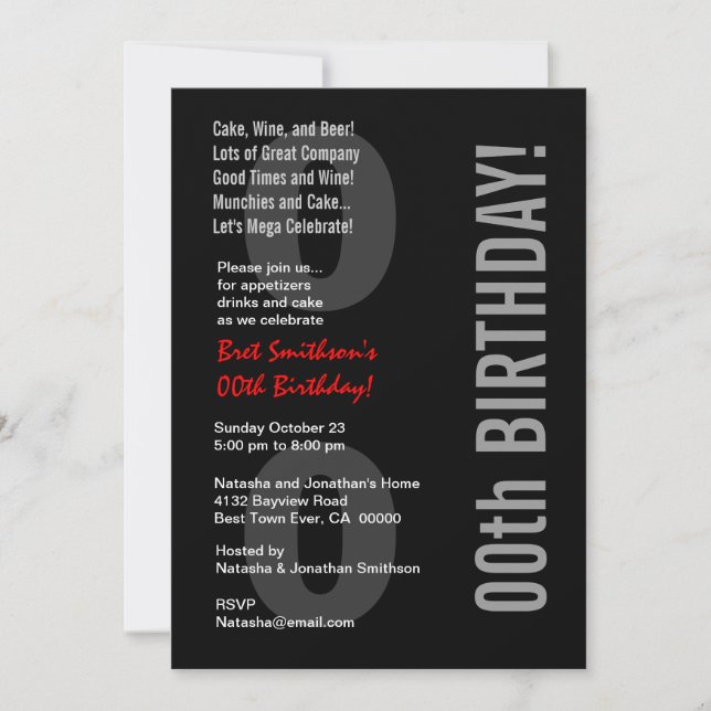 00th Modern Style Birthday Black White Red Invitation (Front)