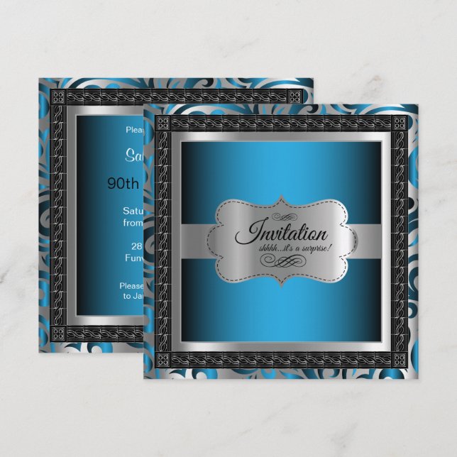 00th Surprise Birthday | Blue Metallic & Silver Invitation (Front/Back)