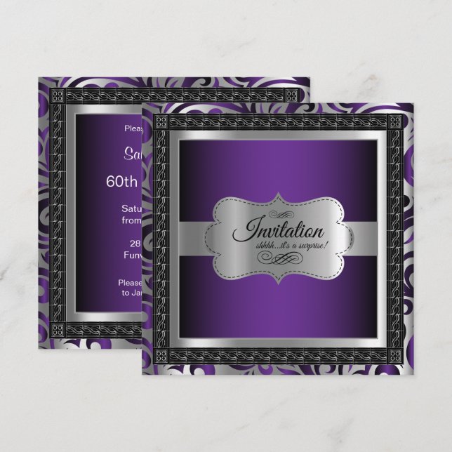 00th Surprise Birthday | Purple Metallic & Silver Invitation (Front/Back)