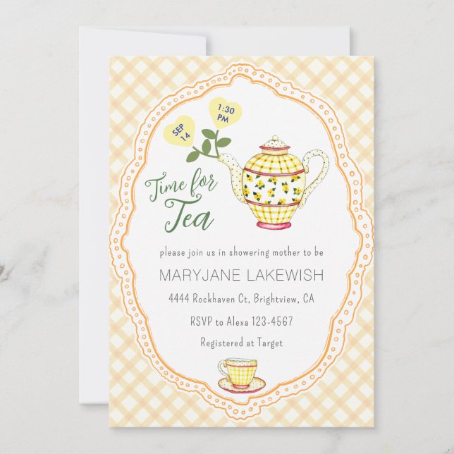 010 Amber Cute Gingham Tea Party Baby Shower Invitation (Front)